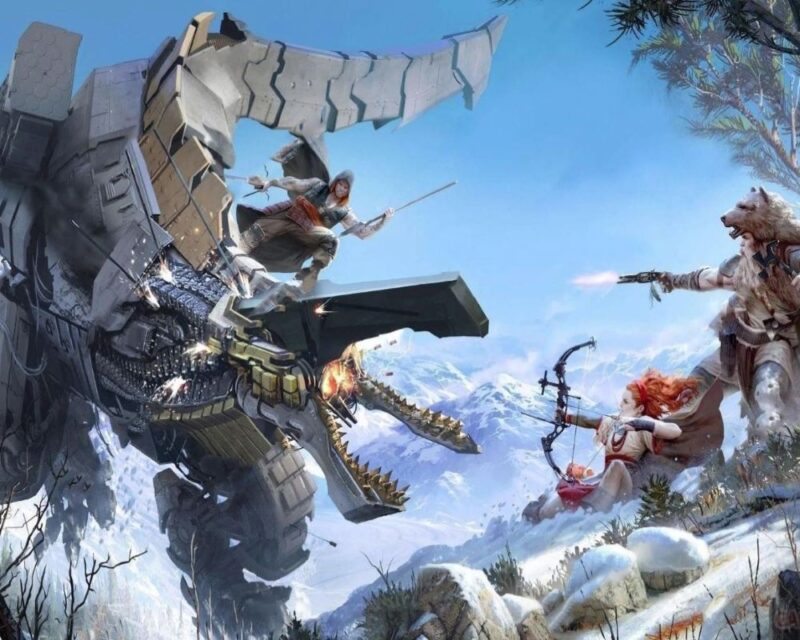 troje wojowników walczących z wielką maszyną w tle ośnieżona góra