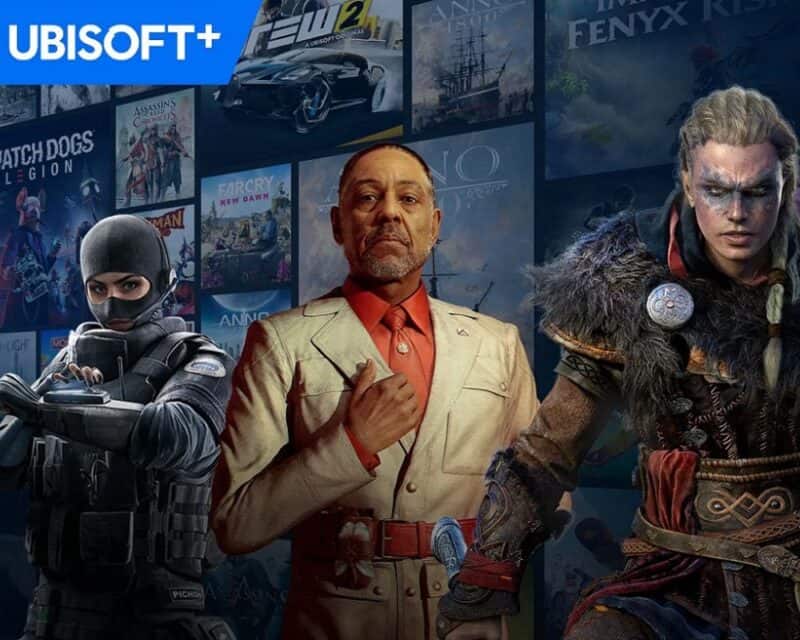 ubisoft+ na miesiąc za 5 zł, w górnym rogu na niebieskim tle biały napis Ubisoft+, poniżej trzy postacie z róznych gier, po lewej stronie znajduje się kobieta z kominiarką na głowie, na środku znajduje się ciemnoskóry mężczyzna w pomarańczowej koszuli i jasnej kurtce, trzymający dłoń na piersi, po prawej stronie kobieta wiking