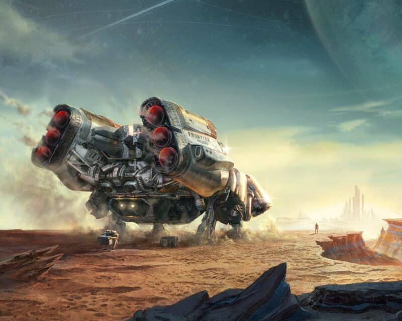 Wszystko co wiemy Starfield, statek kosmiczny stojący na powierzchni nieznanej planety, w tle stojący astronauta patrzący na kolonie