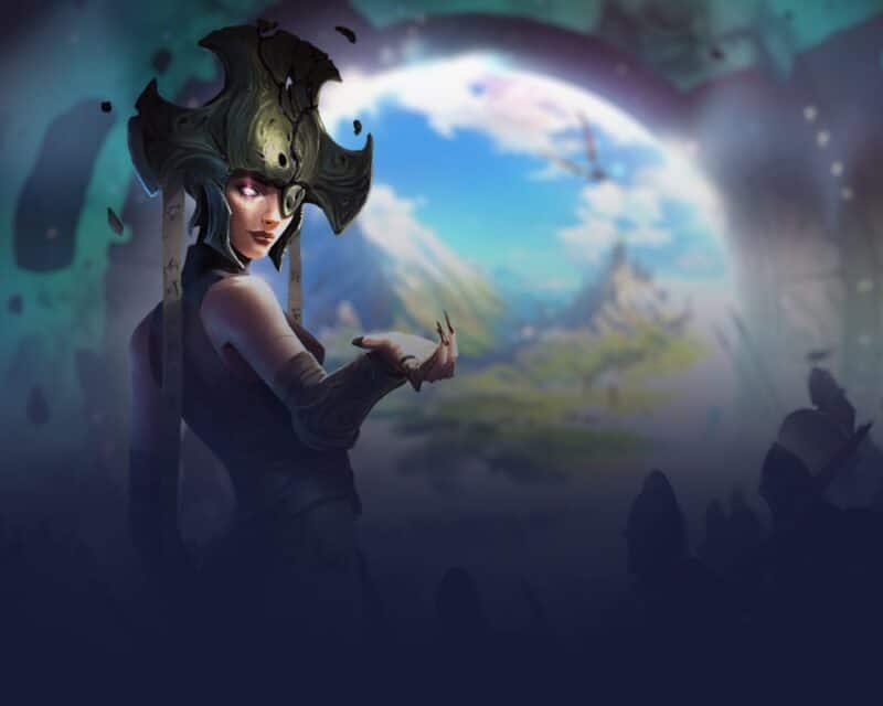 grafika promująca grę Age of Wonders 4, widać na niej tajemniczą kobietę patrzącą w stronę kamery przez ramię i wyciągającą sugestywnie dłoń z długimi paznokciami, w tle widać portal prowadzący do górzystej, zielonej krainy z błękitnym niebem, Age of Wonders 4 oficjalna zapowiedź