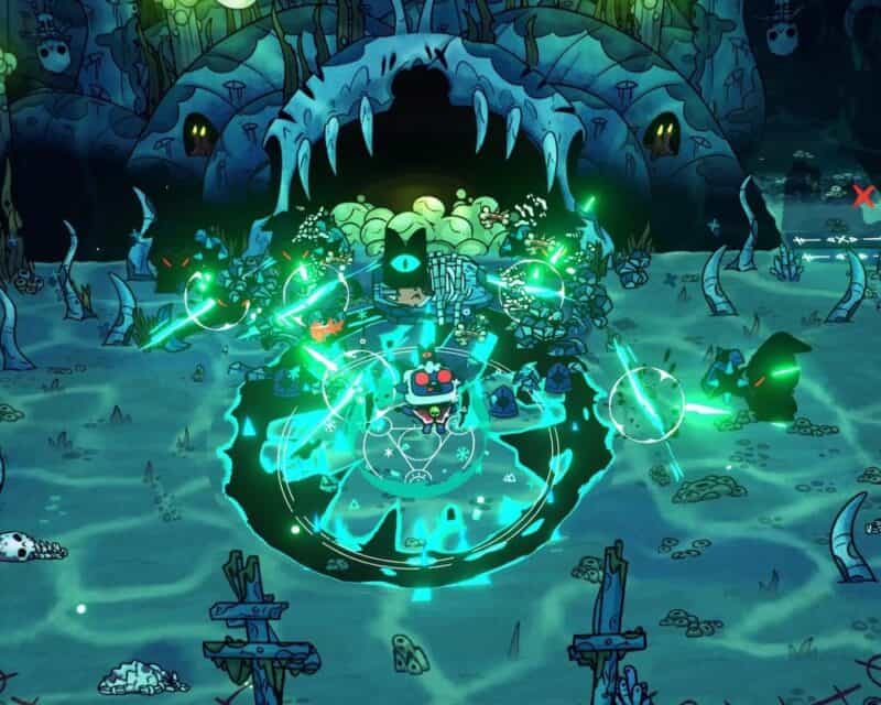 Cult of the Lamb – nadchodzi nowa aktualizacja, w tym mechanik. Obrazek to screen z gry, dużo się dzieje, tonacja kolorystyczna zielononiebieska, na środku krąg (przywołania?), w tle jakiś potwór, wokół kręgu wystające z ziemi macki, na środku kręgu owieczka z czerwonymi oczami