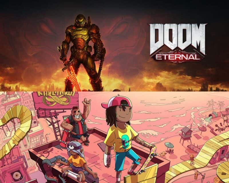 Obrazek przedstawia gry zawarte w Humble Choice na styczeń 2023. Na górze jest oficjalna grafika z gry Doom Eternal, a na dole OlliOlli World.