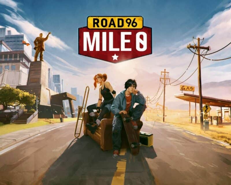 Road 96 0 mille - prequel, plakat, nazwa gry, dwoje nastolatków siedzi na środku ulicy