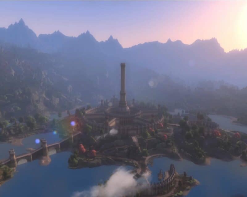 Data premiery Skyblivion ogłoszona - kadr z trailera, widok z lotu ptaka na miasto, twierdzę