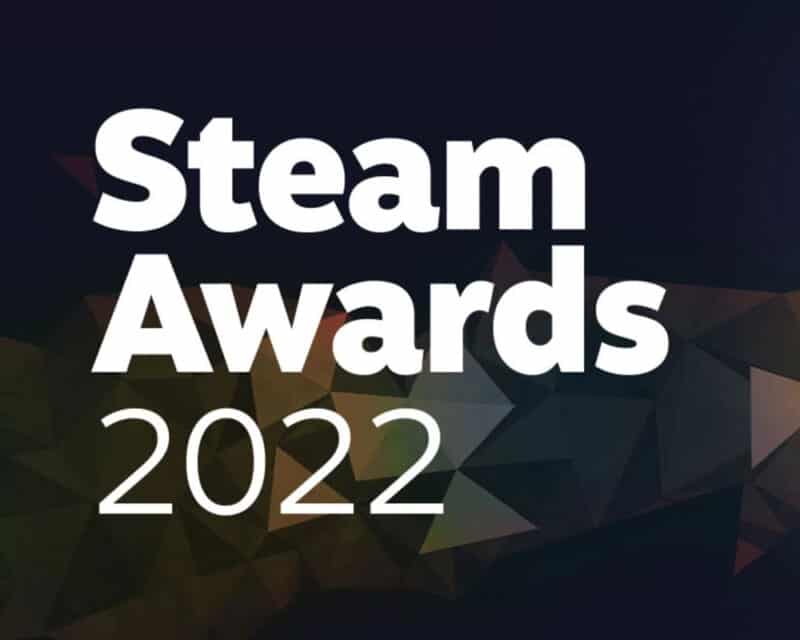 Grafika przedstawia napis "Steam Awards 2022" na granatowym tle z tęczowym akcentem.