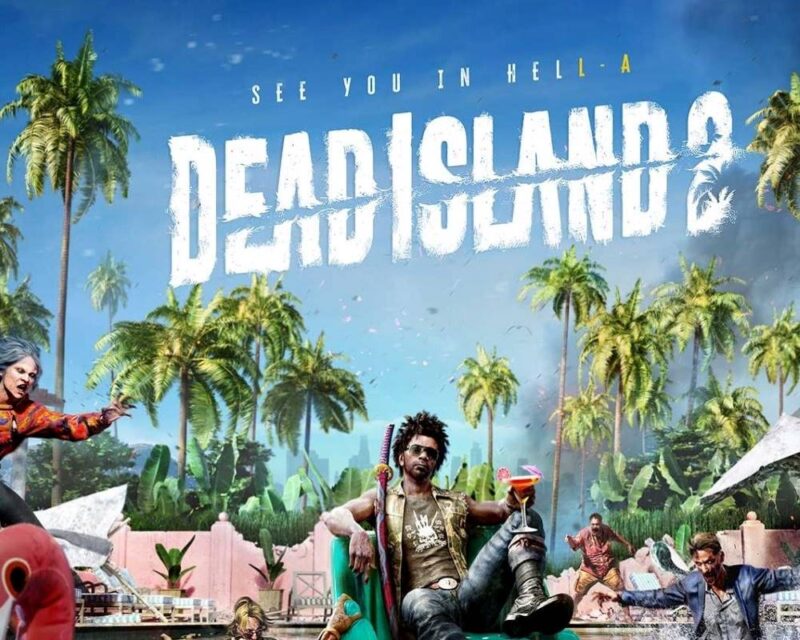 Czarnoskóry mężczyzna siedzi na fotelu w basenie, wokół niego znajdują się zombie a u góry widnieje napis Dead Island 2