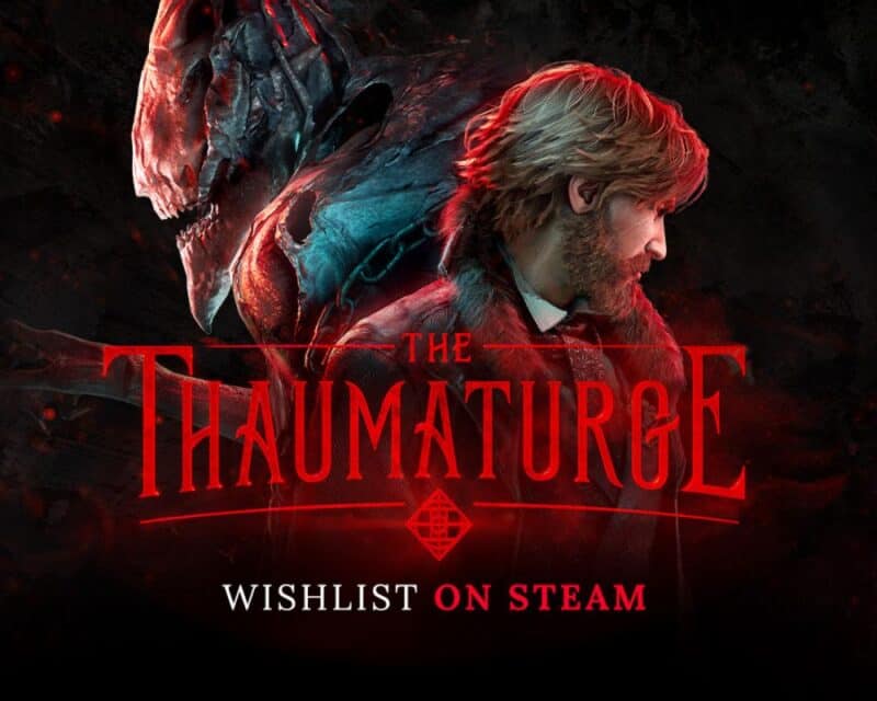 na obrazku widać czerwony napis z tytułem gry - The Thaumaturge - wokół czerń. Nad napisem profile postaci człowieka - mężczyzny, a za nim dziwnego stwora