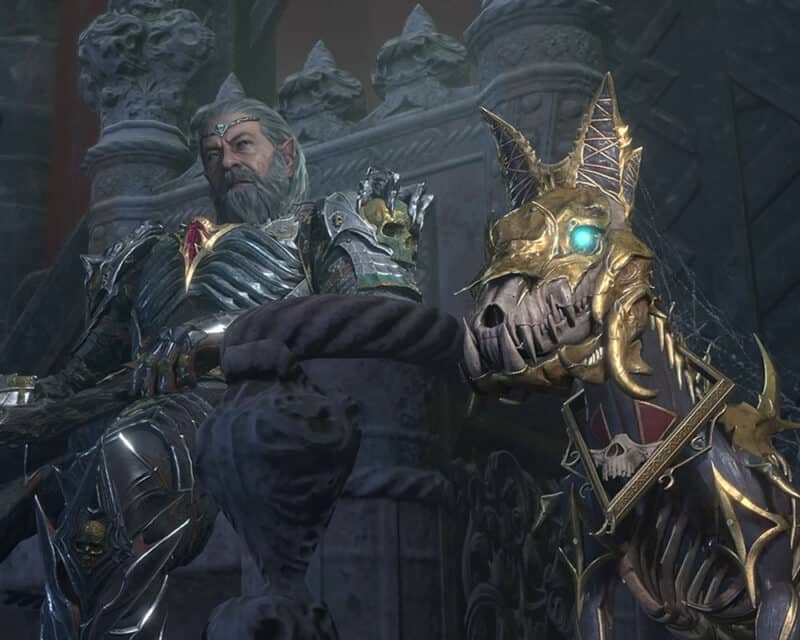 Na obrazku widać generała Ketherica Thorma, siedzącego na tronie. Obok starszego mężczyzny znajduje się szkielet psa w zbroi, przywołany do życia za pomocą nekromancji.