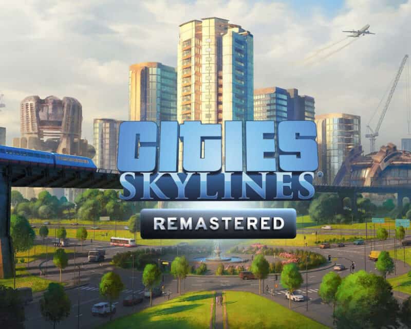 Logo Cities: Skylines – Remastered na tle miasta pełnego wieżowców.