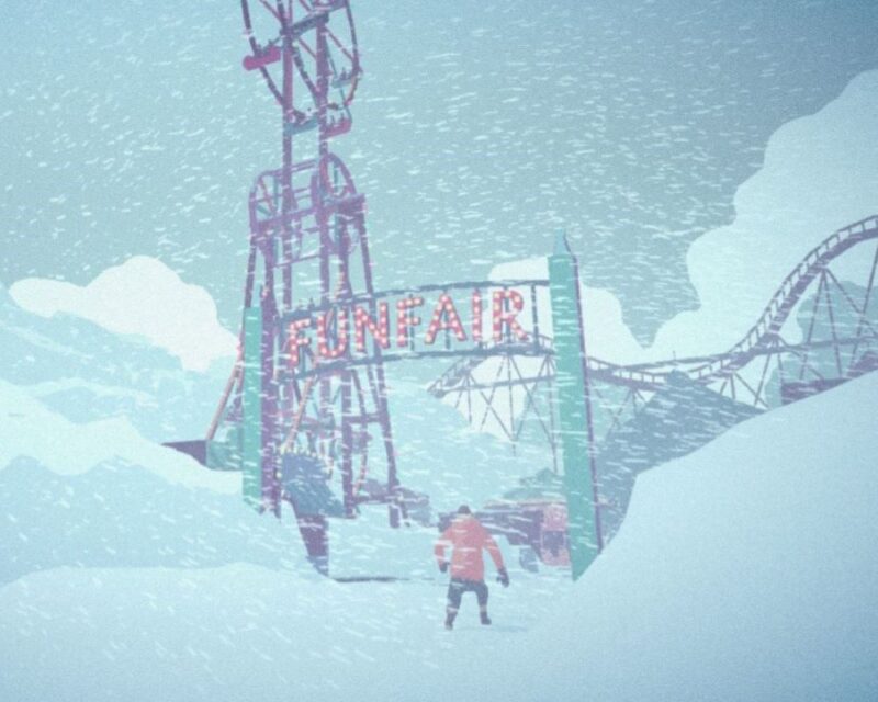 mężczyzna idzie przez śnieżyce, przed nim opuszczone wesołe miasteczko