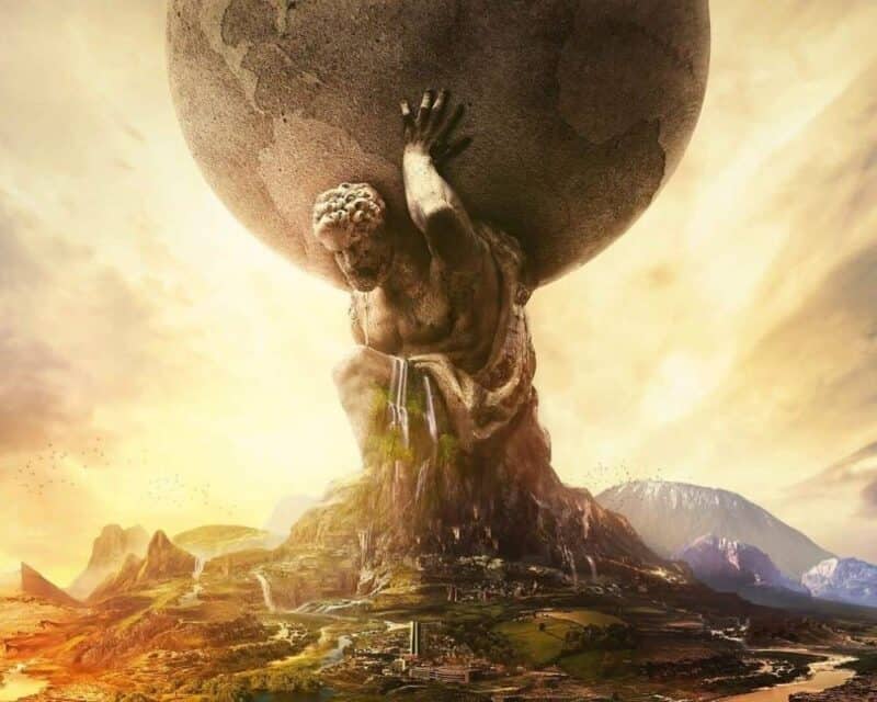 posąg mężczyzny trzyma ziemie, pod nim jest miasto