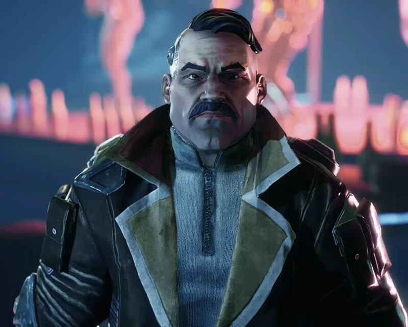 Na obrazku znajduje się główny bohater gry SlavicPunk: Oldtimer, Yanus. Jest to mężczyzna w średnim wieku z wąsami, ubrany w skórzaną kurtkę. W tle widać klub i hologramy tancerek.