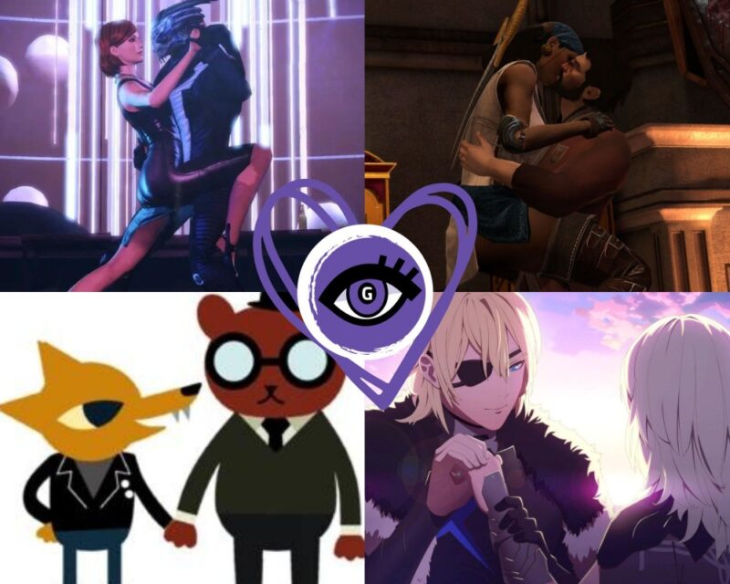 grafika stanowiąca obrazek wyróżniajacy top listy 10 romansów w grach, lewy górny róg: Shepard i Garrus tańczący tango, prawy górny, Isabela i Hawke całujący się, prawy dolny róg, humanoidalny lis i miś trzymajacy się za ręce, prawy dolny róg, blondyn z przepaską na prawym oku trzyma za dłoń odwróconą do nas plecami kobietę o jasnozielonych włosach, na środku logo Grajmerek w konturowym fioletowym sercu