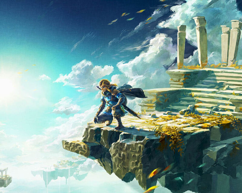 Obrazek przedstawia głównego bohatera gry The Legend of Zelda, Linka. Znajduje się na unoszącej się w powietrzu części budynku. W tle jest błękitne niebo pełne chmur.