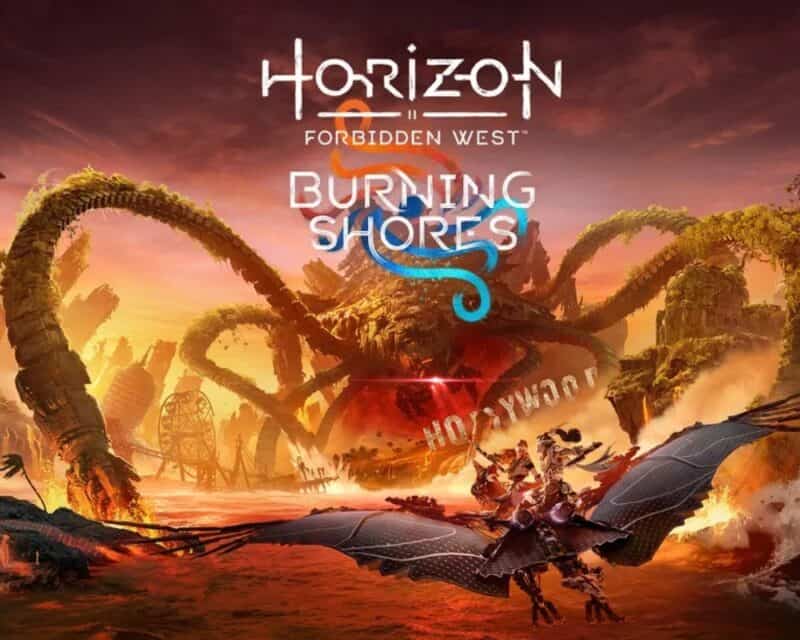 obrazek przedstawia kobietę lecącą na mechanicznym ptaku, za nią widać mechanicznego krakena i archipelag ruin Los Angeles, na środku napis Horizon Forbidden West Burning Shores
