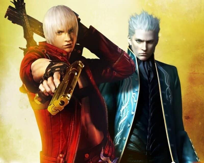 marcowa promocja na Nintendo Switch, grafika z gry Devil May Cry 3, na żółtym tle znajdują się dwie główne postacie gry, pierwsza z nich, znajdująca się po lewej stronie, ma czerwony płaszcz, białe włosy i celuje pistoletem w kierunku widza, a zarazem sięgając dłonią po miecz zza pleców, natomiast postać po prawej ma niebieski płaszcz, białe włosy zaczesane ku górze i wpatruje się w kierunku widza, jest umiejscowiona za pierwszą postacią