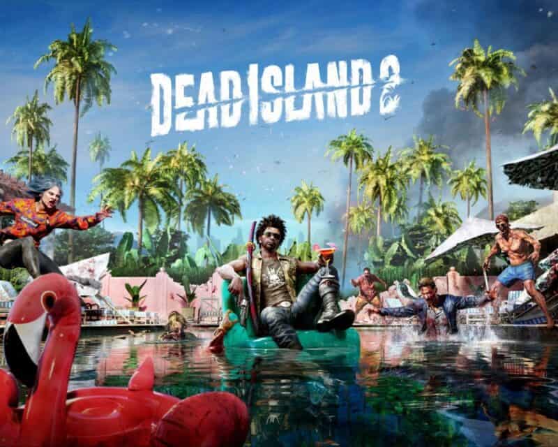 rozszerzona prezentacja rozgrywki Dead Island 2, na środku grafiki znajduje się biały napis Dead Island 2, a pod nim ciemnoskóry mężczyzna siedzący z bronią na pontonie w basenie, wokół niego znajdują się zombie