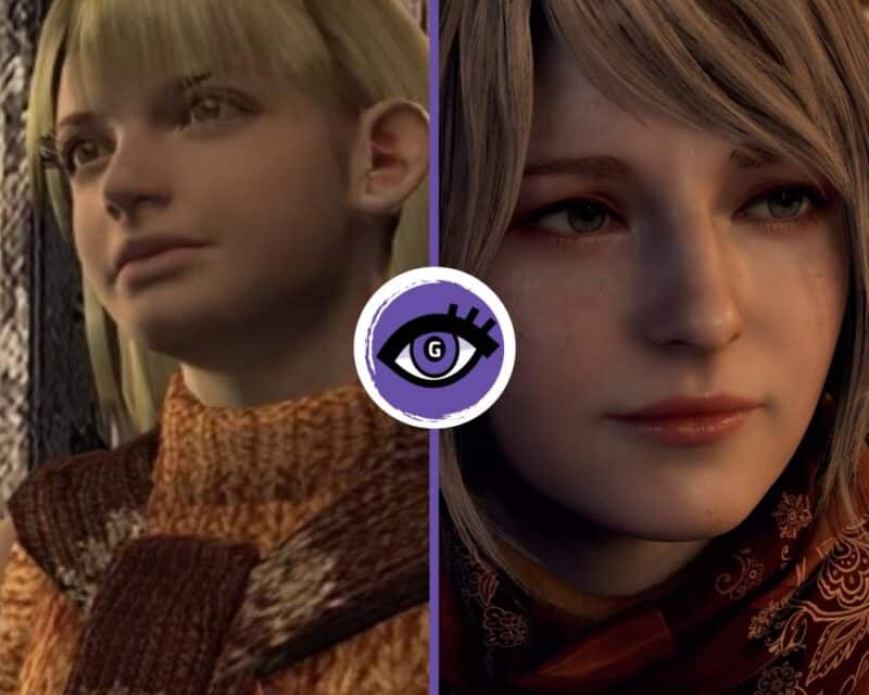 ta sama dziewczyna ukazana w dwóch różnych grach, po lewej Ashley ze starszej wersji Resdent Evil 4, blond włosy, duże uszy i lekki uśmieszek, z prawej Ashley z Resident Evil 4 Remake, blond włosy z grzywką na bok, twarz dużo bardziej realistyczna, na środku fioletowy pasek i logo Grajmerek na białym tle