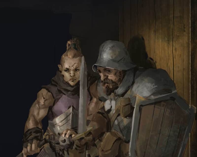 Grafika przedstawia dwoje wojowników, kobietę i mężczyznę. Znajdują się w zacienionym pomieszczeniu i wyglądają na gotowych na walkę.