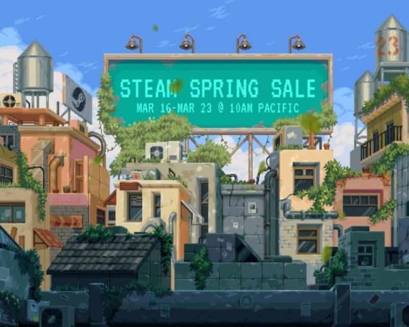 na obrazku znajduje się pikselowe miasto a pośrodku bilbord z napisem Steam Spring Sale