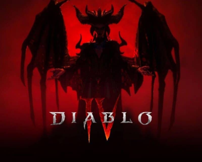 kobieta ze skrzydłami stoi na czerwonym tle, pod nią napis Diablo IV