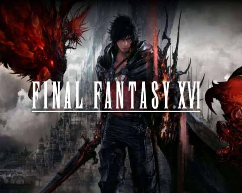 duży napis Final Fantasy XVI, a za nim stoi mężczyzna z mieczem