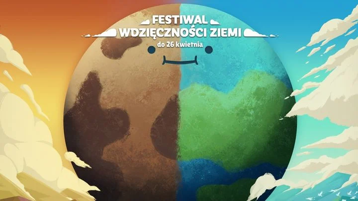 Festiwal Wdzięczności Ziemi logo, obraz podzielony na pół, po lewej ziemia w odcieniach brązu, jakby zanieczyszczona, po prawej niebiesko-zielona, żywa, zdrowa