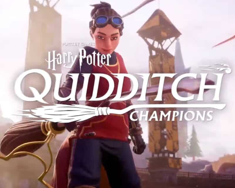 Obrazek przedstawia napisa Harry Potter: Quidditch Champions, a w tle widać dziewczynę trzymającą miotłę