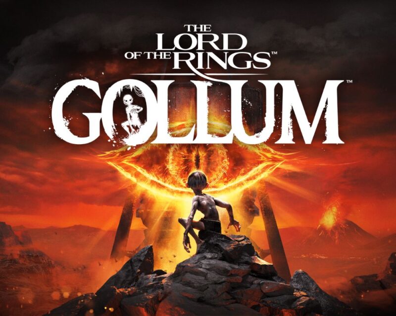the lord of the rings gollum wymagania sprzętowe, w centrum zdjęcia znajduje się Gollum, który jest odwrócony do widza plecami i spogląda przed siebie, prosto w oko Saurona, nad głową Golluma znajduje się wielki, biały napis tytułu gry
