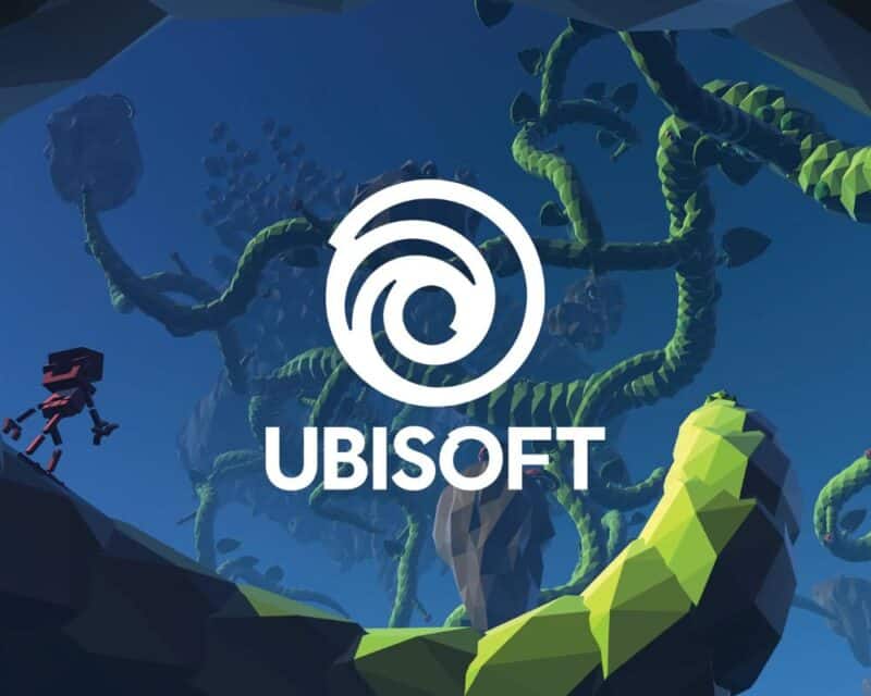 Ubisoft Polska zamknięcie polskiego oddziału, w centrum zdjęcia jest logo Ubisoftu, natomiast w tle znajdują się niebo z rozpościerającymi się zielonymi rozgałęzieniami drzew i chodząca po nich po lewej stronie postać
