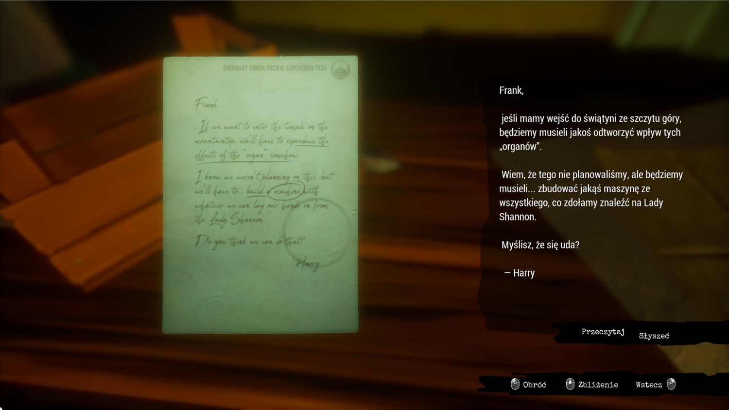 Call of the sea, widok na kartkę, list z informacjami, co się stało i jakie były kolejne kroki bohaterów, za ktorymi podażamy