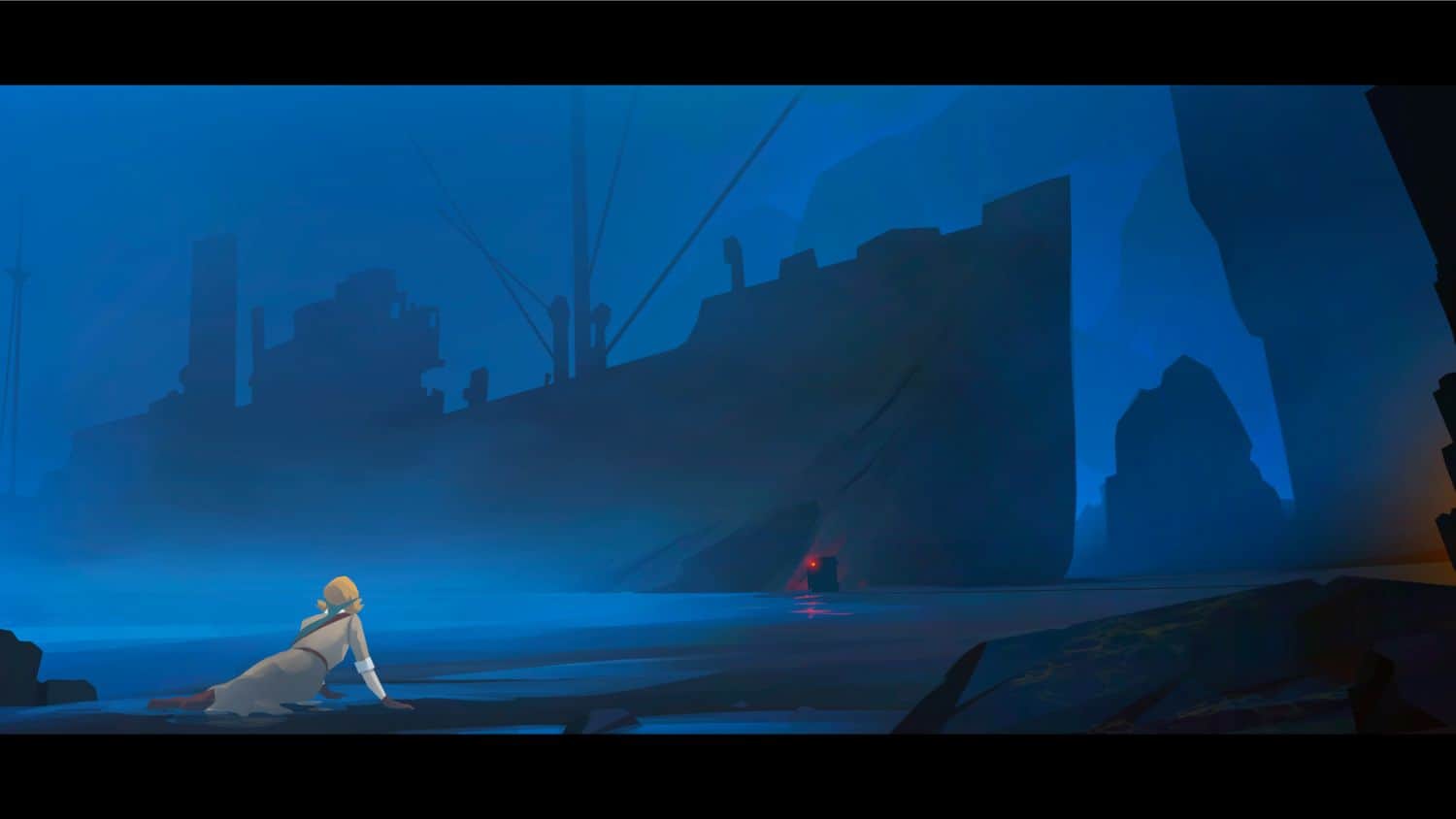 screen z gry Call of the Sea, ciemność, w oddali cień wielkiego okrętu, na pierwszym planie kobieta siedząca tyłem na wybrzeżu, patrzy w stronę statku