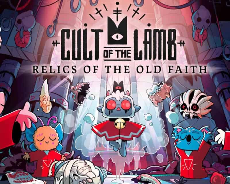 Obrazek przedstawia tytułowego protagonistę Cult of the Lamb, unoszącego się w powietrzu. Jest otoczony przez swoich wyznawców oraz lewitujące lub rozrzucone w pobliżu relikty.