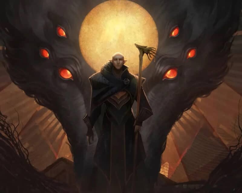 Grafika przedstawia głównego antagonistę Dragon Age 4, Solasa. Elf stoi na tle ściany pokrytej freskiem, przedstawiającym demona z sześcioma oczyma przypominającego wilka.