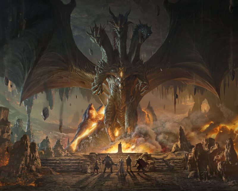 Na grafice widać trzygłowego smoka w miejscu przypominającym ruiny lub jaskinię. Przed nim znajduje się pięcioosobowa drużyna, prawdopodobnie przygotowująca się do walki.