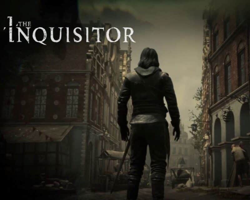 mężczyzna stoi tyłem, w tle ludzie oraz średniowieczne budynki, w rogu napis I The Inquisitor