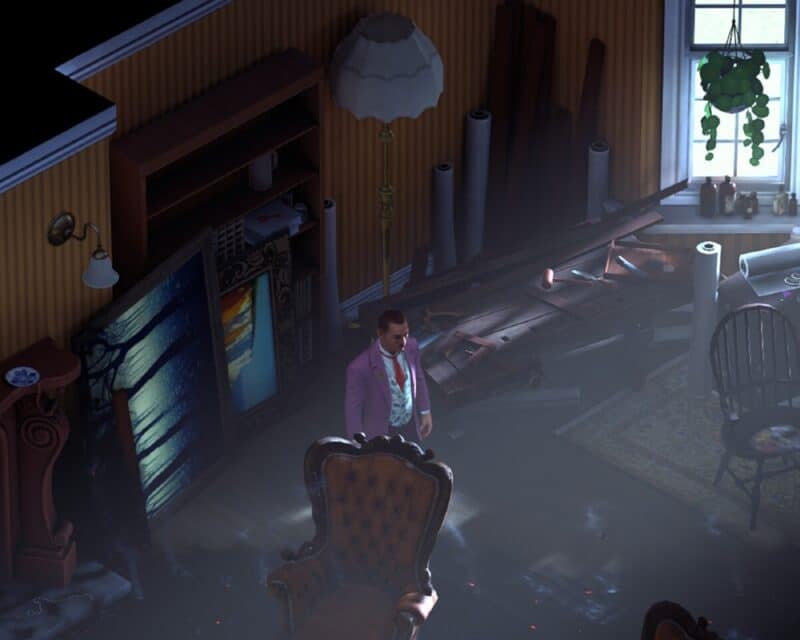 Zapowiedź gry Hercule Poirot: The London Case - screen z gry (work in progress), Poirot stoi na środku pokoju, rzut izometryczny