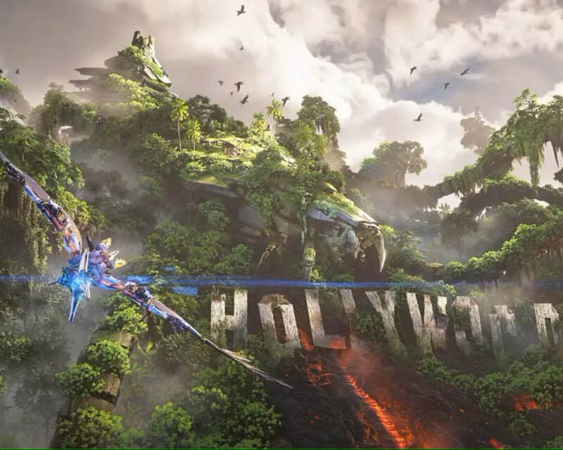 Obrazek przedstawia główną bohaterkę Horizon Forbidden West, Aloy. Unosi się ona na grzbiecie maszyny ponad ruinami Los Angeles, które stało się archipelagiem wysp.