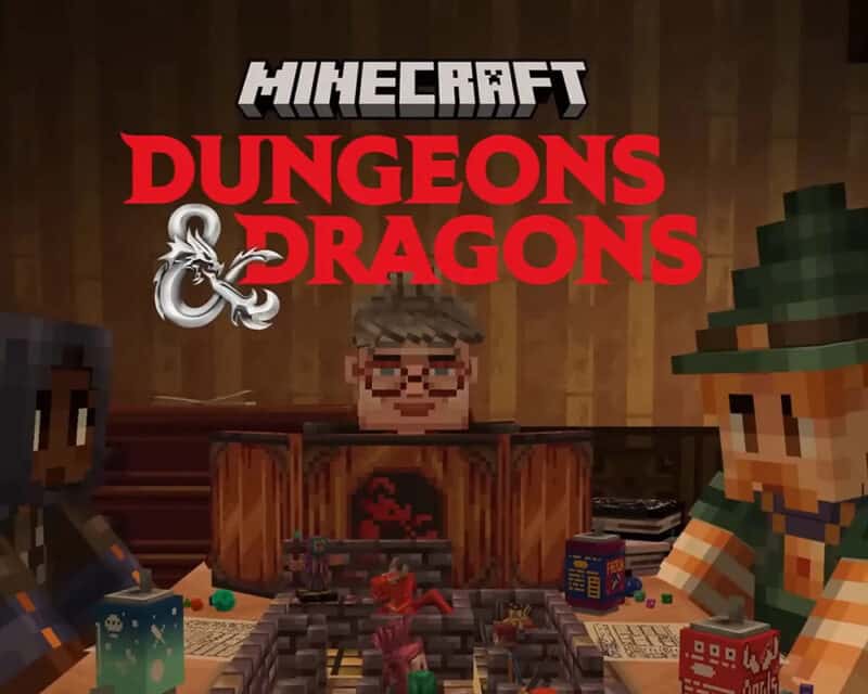 Na obrazku widać postacie w stylu graficznym charakterystycznym dla Minecrafta, siedzące przy stole i grające w papierową grę RPG, Dungeons & Dragons. Na górze znajduje się logo – Minecraft Dungeons & Dragons.