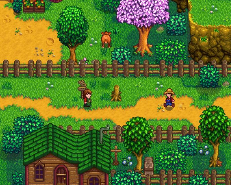 Stardew Valley aktualizacja 1.6, screen z gry, pikselowe postacie na farmie, drzewa, płot, ścieżka, domek