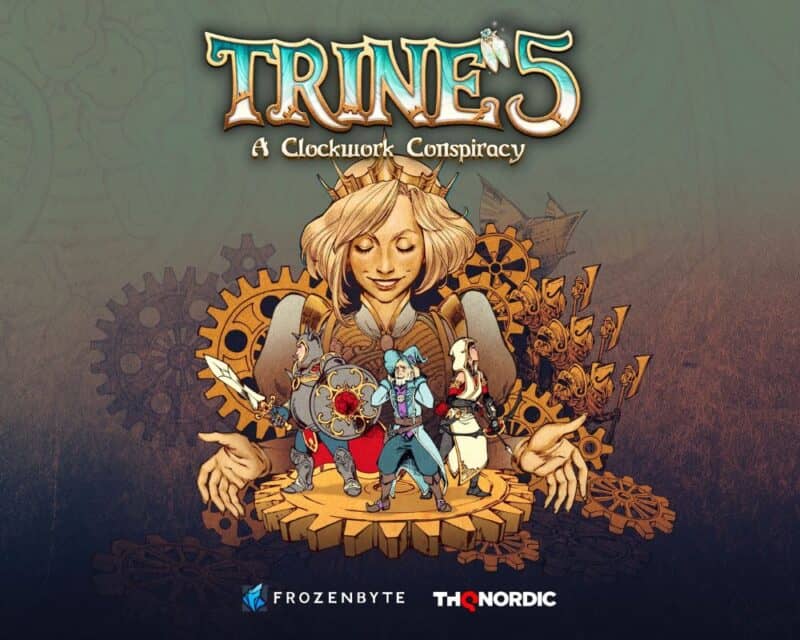 szarozielone u góry, na dole brązowo-czarne tło; na górze logo gry Trine 5, a pod nim duża postać blond kobiety, która między dłońmi trzyma 3 bohaterów gry