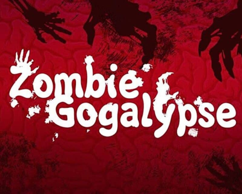 czerwone tło, na nim czarne/ciemne cienie rąk zombiaków. Na środku biały napis ZOMBIE GOGALYPSE