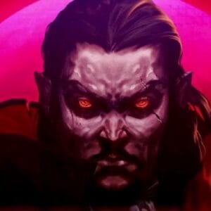 wampir o czerwonych oczach na tle fioletowego księżyca