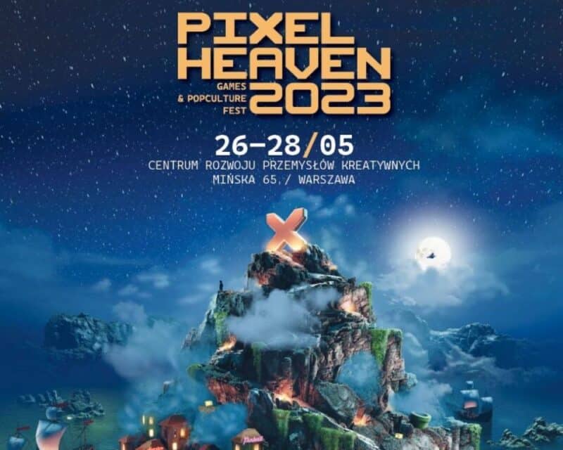na górze napis Pixel Heaven 2023, poniżej data 26-28/05. na samym dole góra z domkami poniżej