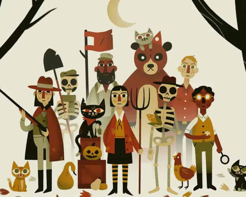 Obrazek przedstawia grupę osób, wyglądających na rolników i myśliwych z XX wieku. Wśród nich znajdują się także dwa szkielety oraz zwierzęta takie jak koty, kura czy niedźwiedź. Na ziemi widać jesienne liście, a w tle możemy zobaczyć gołe gałęzie drzew oraz księżyc na niebie.
