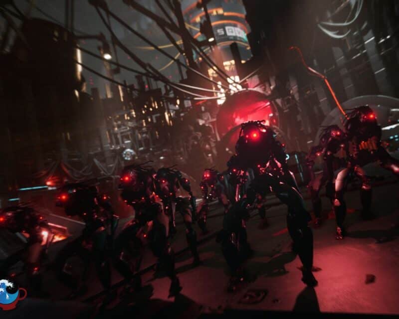 Utrzymany w mrocznej, czarno-czerwonej kolorystyce przedstawia marsz wrogich, powykręcanych robotów