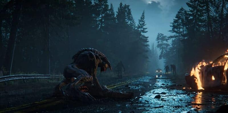 Obrazek skupia się na środku autostrady w nocy, otoczonej mrocznym lasem. W centralnej części zombie spożywa ofiarę, a reszta umarlaków zbliża się do nadjeżdżającego auta/