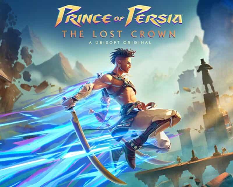 rince of Persia: The Lost Crown - napis na górze obrazka, na dole na pierwszym planie tytułowy bohater wybijający się z tajemniczej niebieskiej poświaty z mieczami w rękach