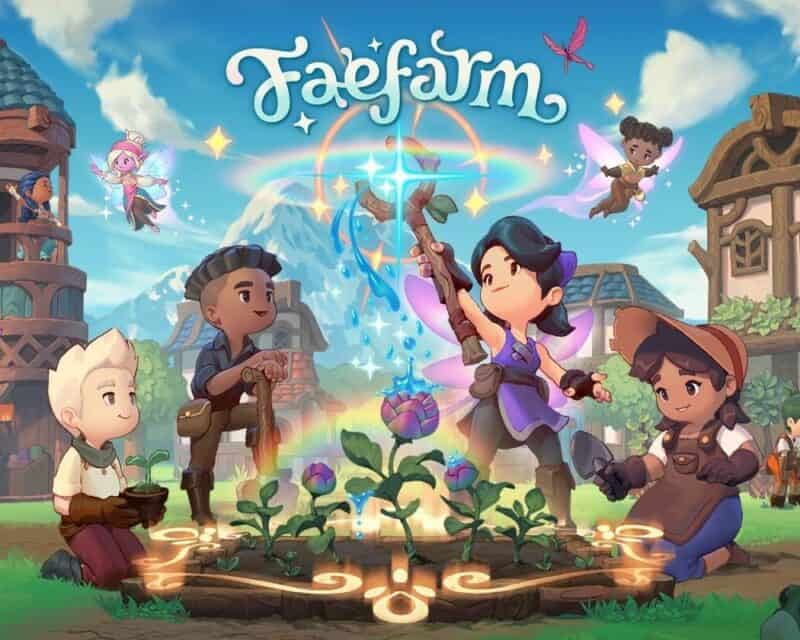 na górze logo gry Fae Farm, w tle niebieskie niebo, na pierwszym planie stoją dwie kreskówkowe postaci - chłopak i dziewczyna