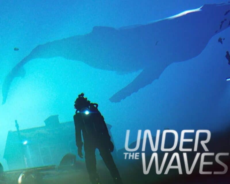 W tle przestrzeń oceanu, widać zarys wielkiego wieloryba, na pierwszym planie stoi nurek, w rogu logo Under the Waves